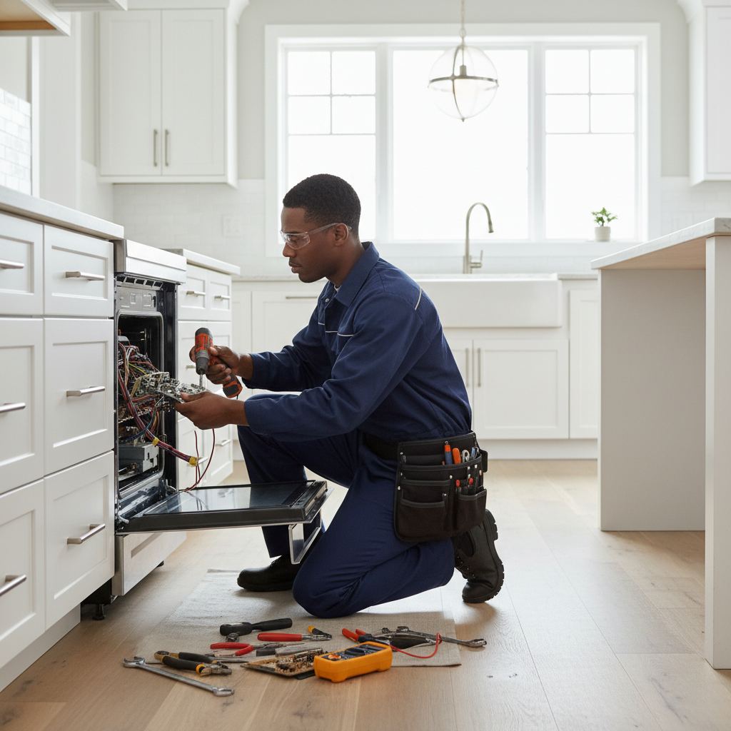 Technician repairing a built-in oven